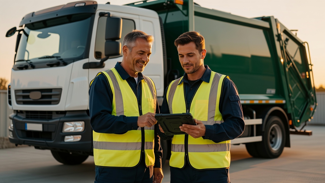 A supervisor and a refuse truck driver in hi-vis stand together beside a collection truck in a depot yard, looking at a tablet mid-conversation in a coaching moment.